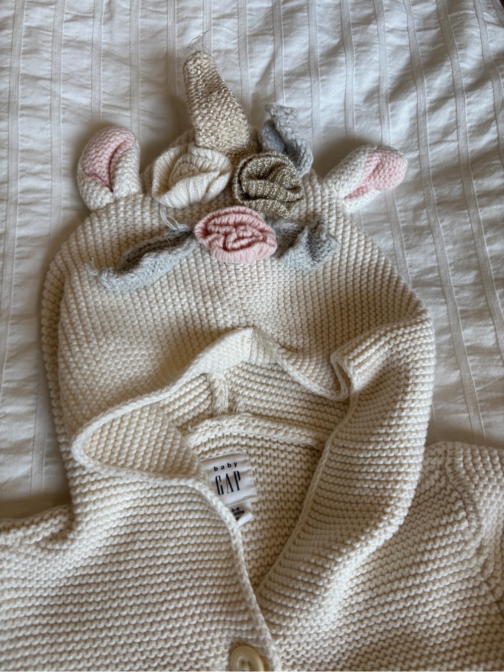 GAP Cream Knit Unicorn Hooded Cardigan and Romper bundle 0-3m baby girl
